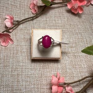 Size 9 | Silver Boho Gemstone Ring – Large Oval Magenta Ruby, Chunky Statement